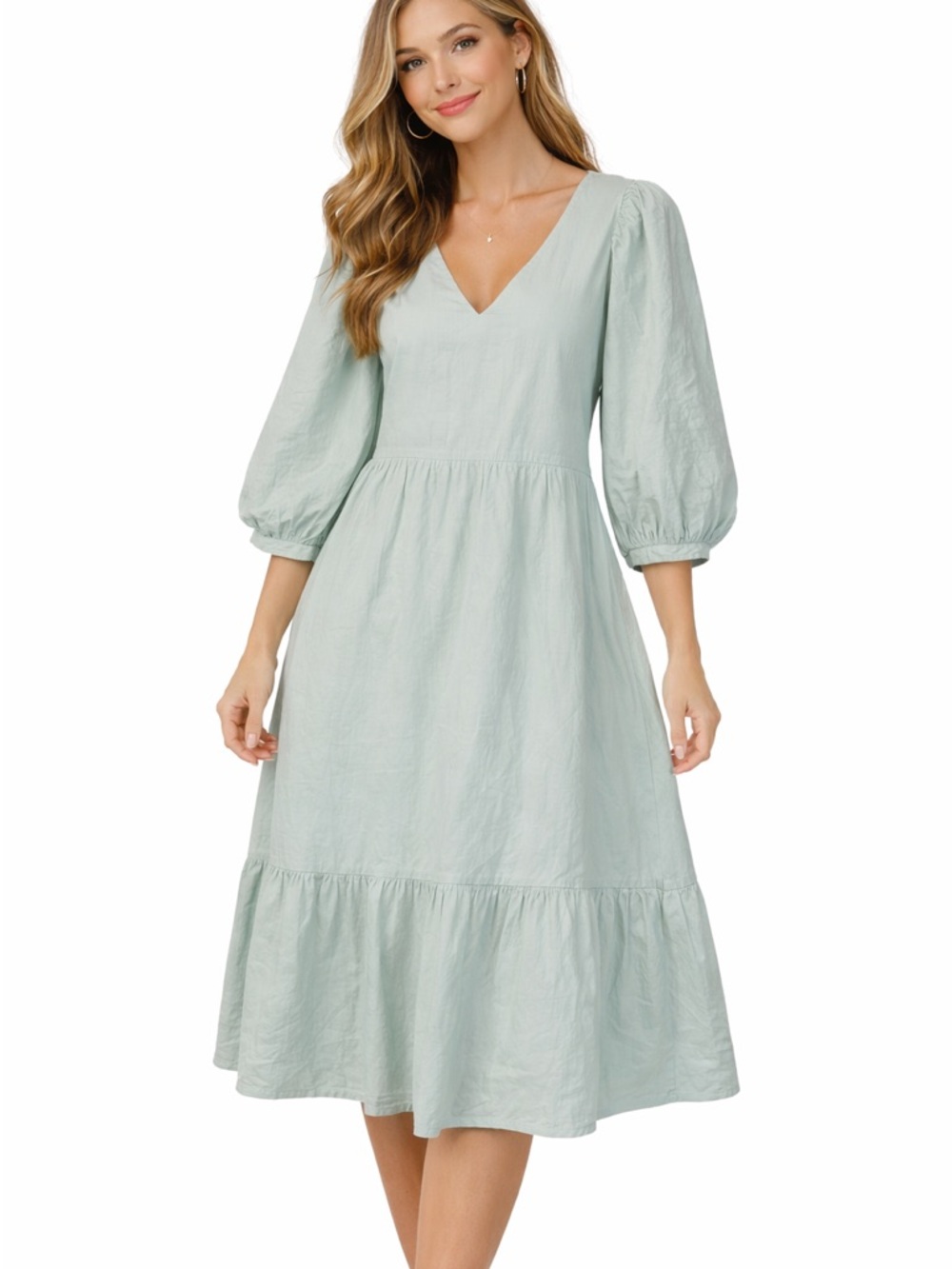 A New Day Puff Sleeve Midi Dress Mint Green Tiered V Neck Cottagecore M